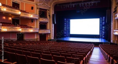 Empty theater auditorium with a stage and large screen