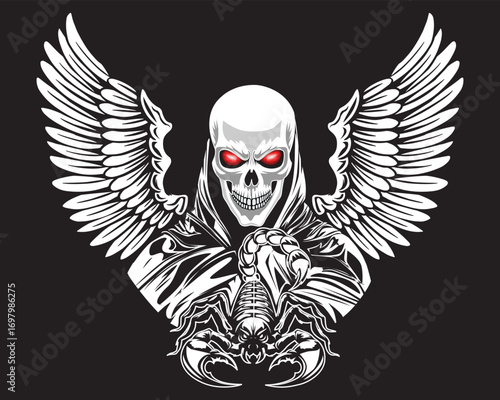 Demon Skull Grim Reaper Man Tattoo With Wings And Scorpion Vector
