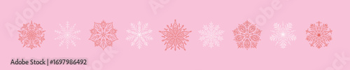 Set of pink girly snow flake icons. Filigree whimsical vector illustration in coquette style. Cute victorian lace snowflakes. Merry Christmas and Happy New Year divider border, greeting card, poster