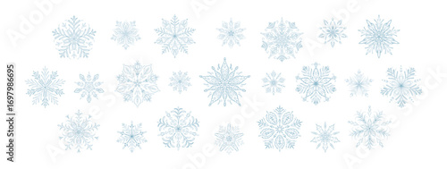 Set of detailed whimsical hand drawn different blue and silver snow flakes in victorian style. Aesthetic winter fancy snow flake icons, frozen ice crystals, frosty symbols. Doodle vector illustration