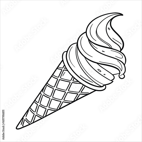 a detailed black and white illustration of a swirling ice cream cone, with a textured, wavy pattern throughout the ice cream, set against a plain white background
