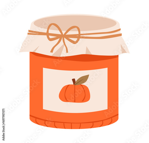 Flat vector illustration of pumpkin jam with rustic autumn vibes, homemade recipe, and cozy seasonal food.