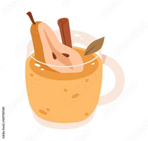 Autumn tea with pear and cinnamon, cozy seasonal drink and rustic vibes. Homemade hot beverage concept featuring fruit, spices, and a warm cup for fall breakfast. Autumn harvest drink.