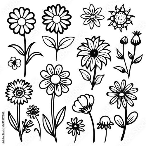 A collection of various hand-drawn flower doodles in black and white outline style.