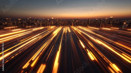 Golden City Lights Streaking Across Night Sky, Dynamic Urban Skyline