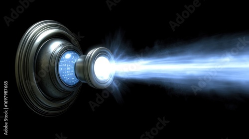 Futuristic Energy Beam: Sci-Fi Device Emitting Glowing Blue Plasma Stream Against Black Background