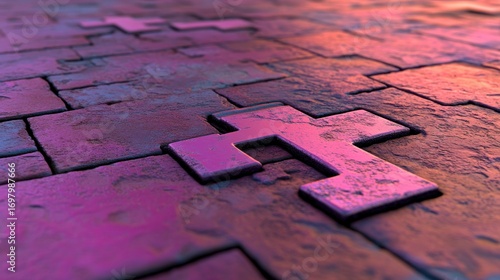 Abstract Purple Crosses: 3D Rendered Metallic Texture, Deep Perspective