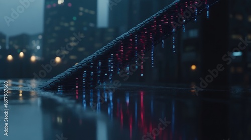 Futuristic Structure Reflecting in Rainy Cityscape at Night