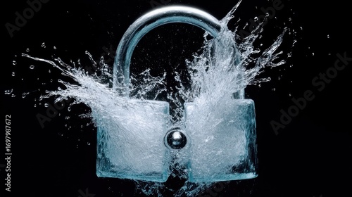 Padlock Submerged in Water with Dynamic Splash on Black Background