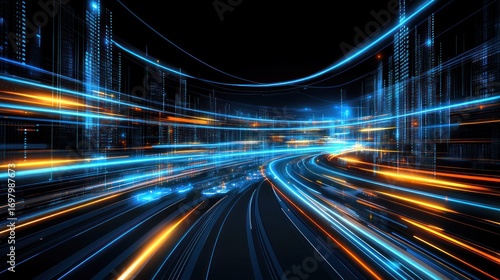 Futuristic Cityscape with Dynamic Light Trails: A Vision of High-Speed Connectivity