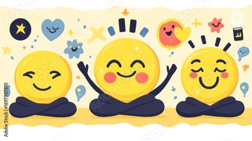 Meditating Emoji Trio: Serene Cartoon Faces in Lotus Position with Playful Icons