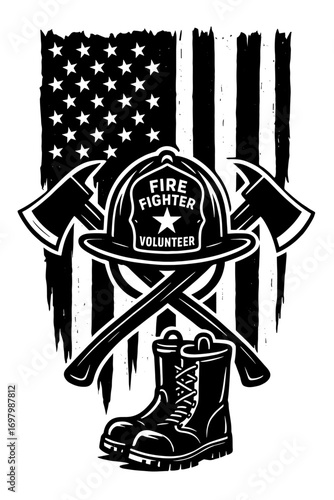 Firefighter helmet with crossed axes and American flag background, heroic emergency responder vector design
