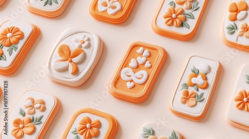 Delightful 3D Floral and Heart Designs on Orange and White Rectangles