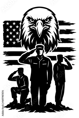 Eagle head with two soldiers saluting, military pride and patriotic vector illustration
