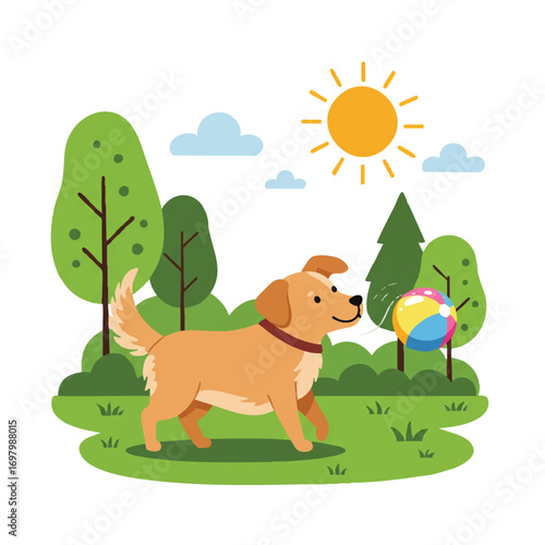 A cute dog happily plays fetch with a vibrant colorful ball in a sunny park, presented as a cheerful flat 2D vector illustration on a clean white background.