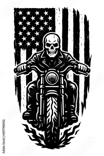 Skeleton biker riding motorcycle with American flag background, patriotic outlaw vector illustration

