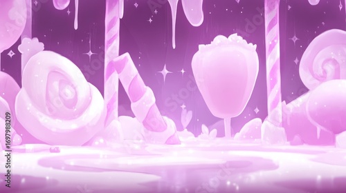 Whimsical Candyland Landscape, Pastel Hues, Dreamy Lighting