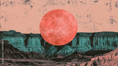 Surreal Landscape: Crimson Sun Over Turquoise Canyon, Textured Art.