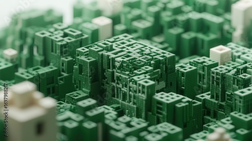 Abstract Pixelated Cityscape in Emerald Green and Off-White