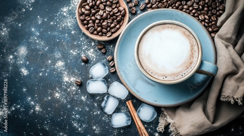 Light Blue Coffee Cup with Frothy Latte, Ice, and Coffee Beans on Dark Surface