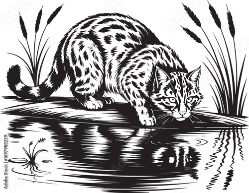Fishing Cat Wildlife Illustration, Line Art Engraving Style, Vector Animal Artwork, Realistic Fishing Cat on Riverbank, Black and White.
