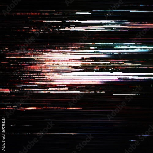 Abstract Glitch Art: Horizontal Lines with Red, White, and Blue Accents on Black