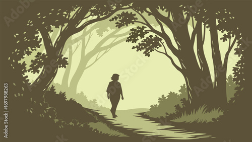 A dark silhouette of a man strolling through a wooded area, with trees casting shadows around him.
