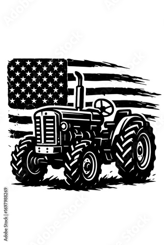 Farm tractor silhouette with waving American flag background, patriotic agriculture vector design
