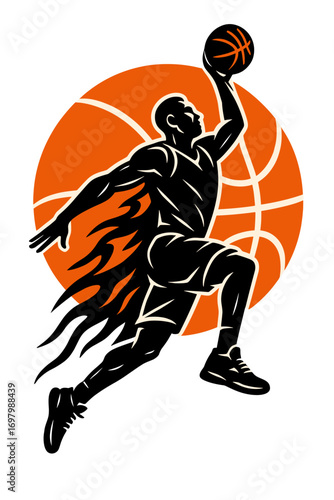 Basketball player silhouette in action with ball and flames, high-energy sports vector illustration
