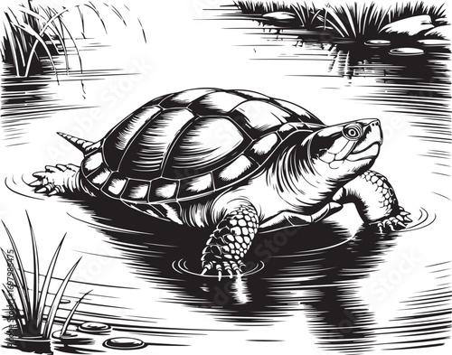 Vintage engraving Local Turtle sketch vector art illustration, old vintage turtle on water design.
