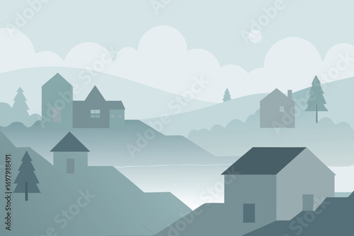A whimsical cartoon of a small mountain town, showcasing charming buildings surrounded by towering peaks and trees.