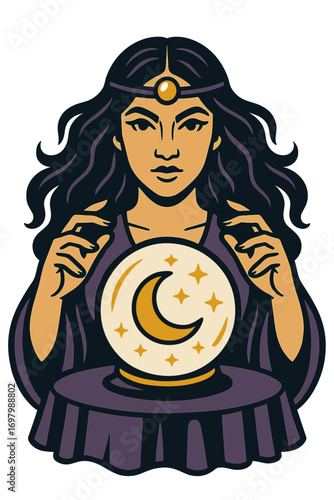 Mystical woman holding moon and sun, celestial spiritual illustration with astrology theme
