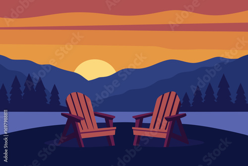 Two chairs overlook a peaceful lake and mountains, bathed in the warm hues of a sunset.
