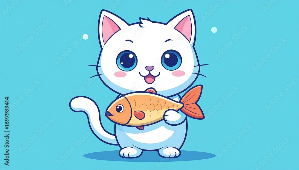 Fototapeta premium Cute cartoon cat holding fish (1)