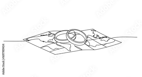 Two wedding rings on a map in line style, transparent background  