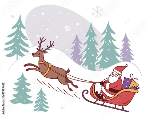 Santa Claus riding sleigh with reindeer in snowy forest,  winter holiday vector illustration