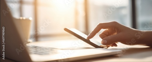 The Smartphone in a Sunlit Workspace Being Tapped by a Hand Over Laptop