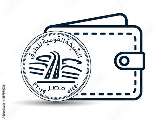 Egyptian money with a wallet in the background. 50 piastres 2019 National Roads Network. A 50 piastres coin next to the wallet. The illustration is depicted in black and white style.
