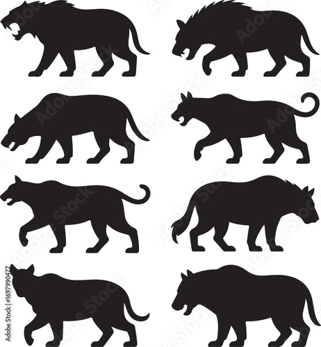 Eight Silhouette Wild Animals Including Lions and Boars vector illustration