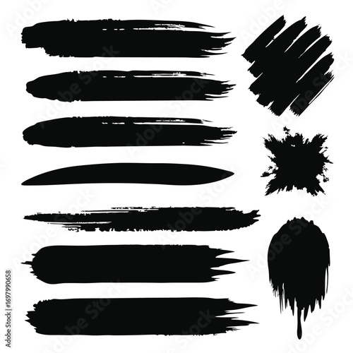 A collection of various black dripping liquid splatters, drops, and blobs isolated on a white background.
