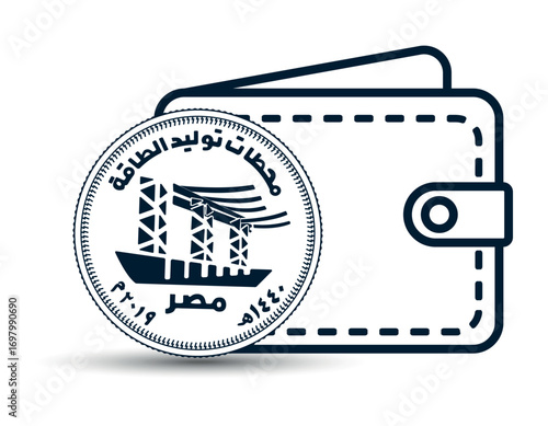 Egyptian money with a wallet in the background. 50 piastres 2019 Power Stations. A 50 piastres coin next to the wallet. The illustration is depicted in black and white style.