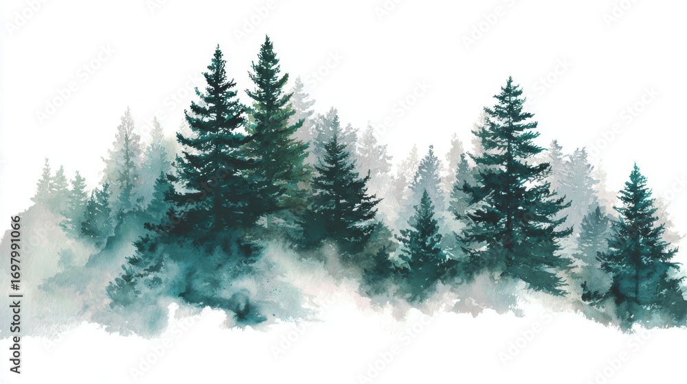 Fototapeta premium Watercolor evergreen forest in mist