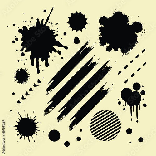 A collection of black abstract grunge shapes, including ink splatters, brush strokes, and dots on a light background.