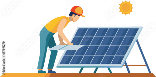 A man is installing a solar panel, demonstrating hands-on work in renewable energy technology.