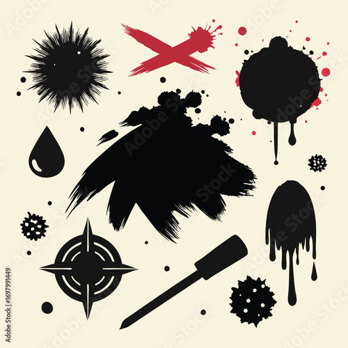 A collection of various black dripping liquid splatters, drops, and blobs isolated on a white background.