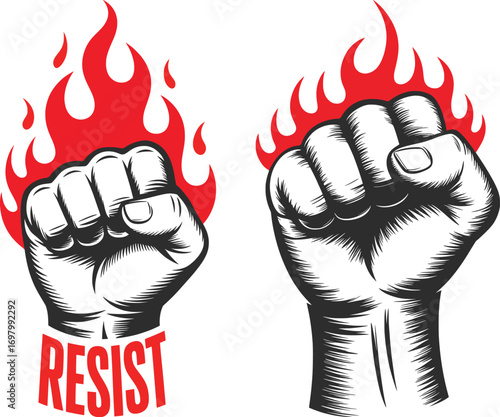 Resist Fist Flames Vector, Revolutionary Power and Protest Symbol Illustration.