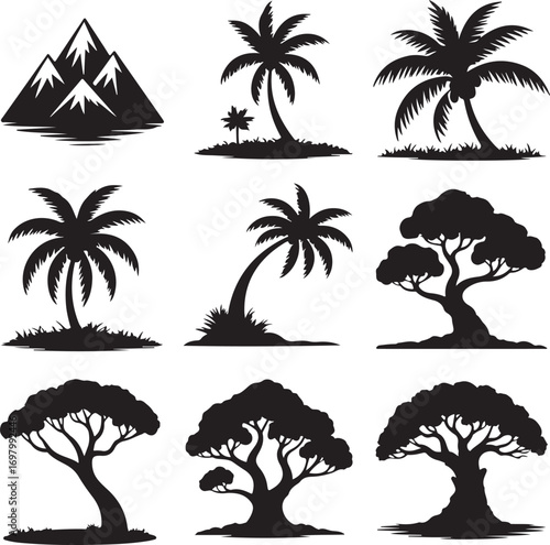 Black Silhouettes of Mountains and Various Palm and Savanna Trees Keywords: mountain, peak, snow