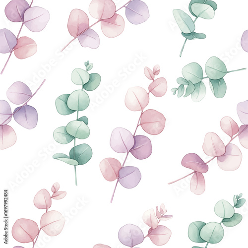 Seamless Watercolor Pattern with Pastel Eucalyptus Leaves. The watercolor texture gives the leaves a light, translucent quality, creating a fresh and serene botanical feel.