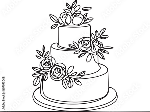 Continuous line art of wedding cake with flowers abstract festive minimal outline vector illustration