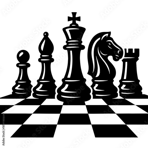 Chessboard battle with opposing kings and pieces in strategic game-themed black and white tattoo-style vector illustration
